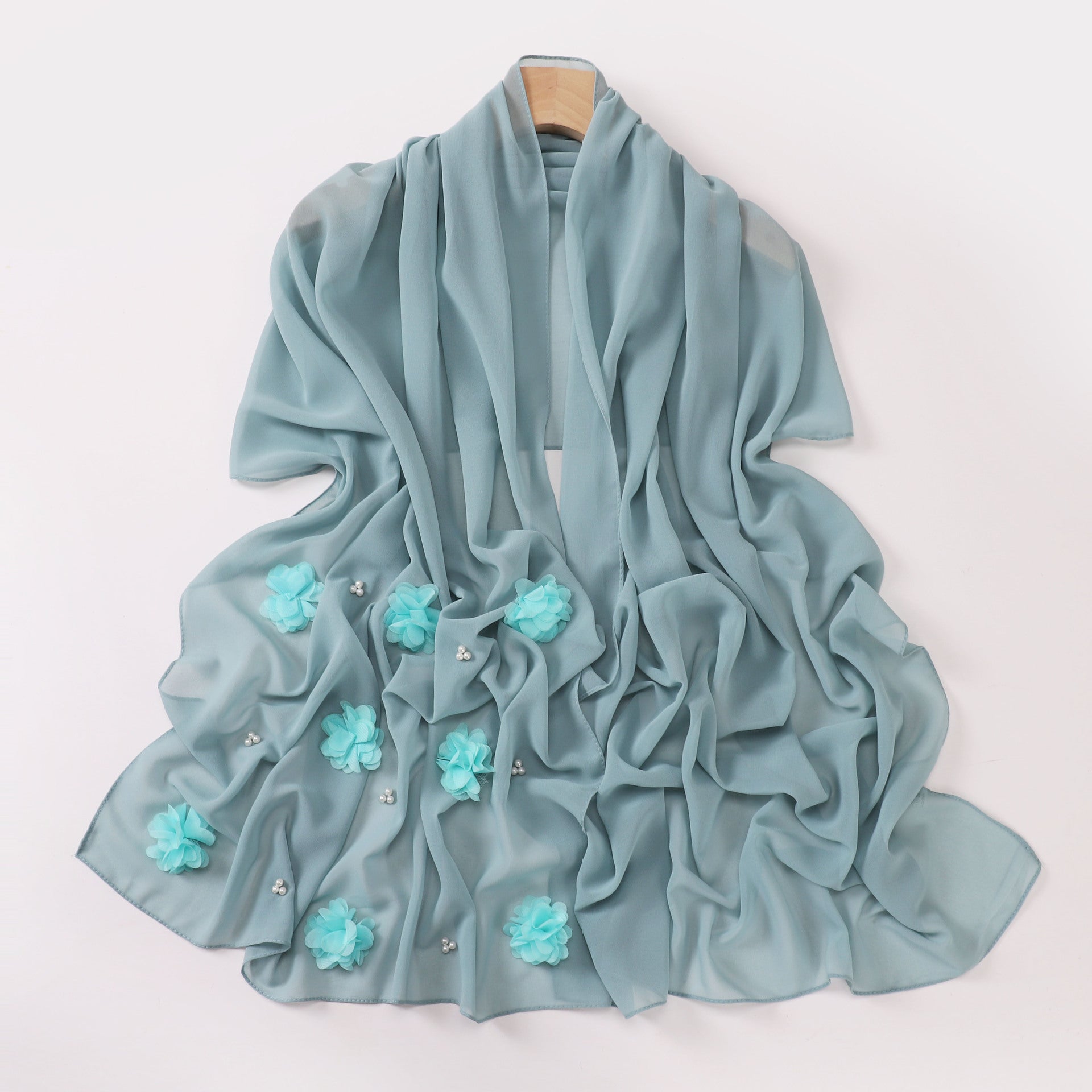 Pearl Chiffon Handmade Sticky Flower Beaded Scarf Hui Gauze